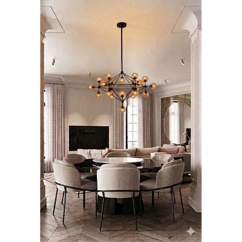 21-Light Black Iron Chandelier With Coffee Color Glass Shades