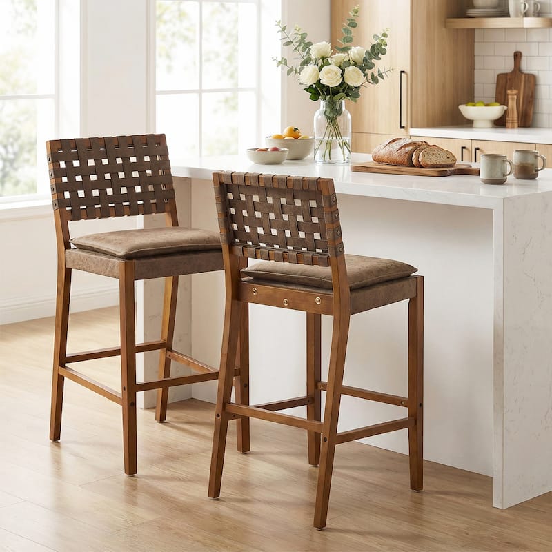 Christopher Knight Home - Rieti Industrial-Inspired Barstool Set with Crossback PU Upholstery and Wooden Frame - Set of 2 - Dark Brown,Walnut