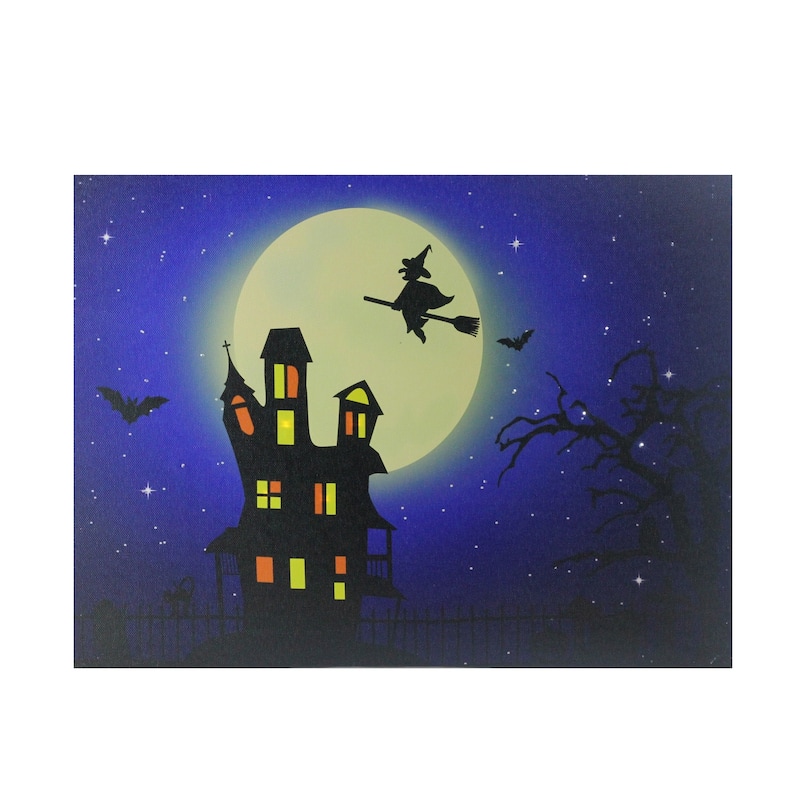 Fiber Optic LED Witch in the Moon Halloween Canvas Art 12" x 15.75"