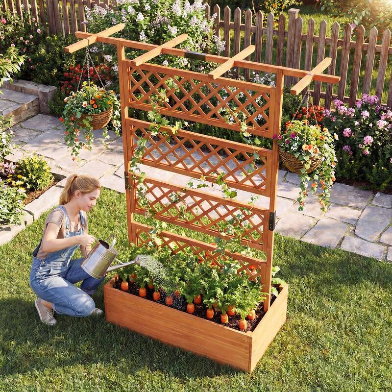 Gymax 72'' Wooden Planter Box w/Lattice Trellis Flat Roof Drainage for