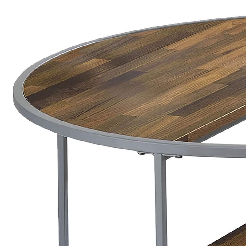 Lenn 35 Inch 3 Tier Round Brown Coffee Table, Half Shelf Design, Gray Frame