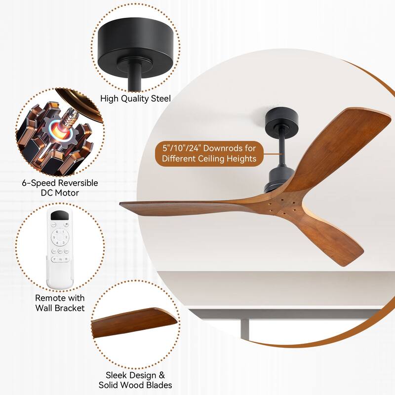 Sofucor 52 Inch Ceiling Fan without Light Solid Wood,with Remote,Smart Optional-Alexa/Google Assistant/APP/Remote Control