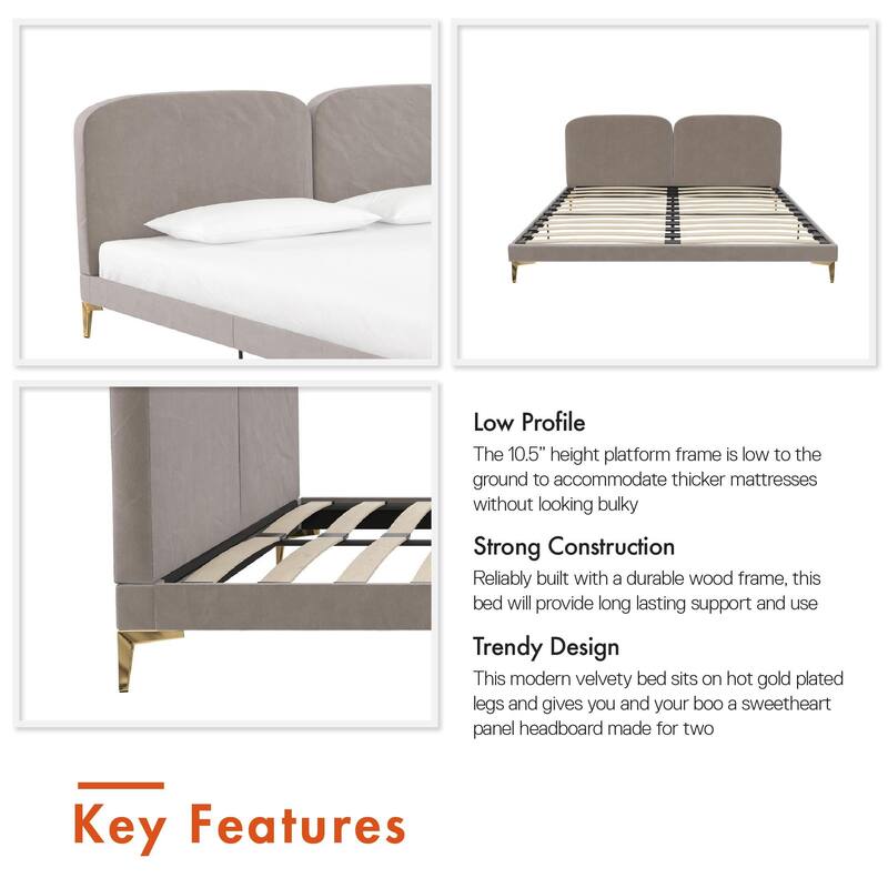 Velvet Upholstered Platform Bed with Foam-Padded Headboard, Modern Metal Legs, King Size