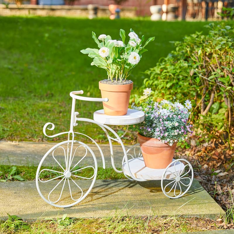 Glitzhome 24"L Spring Metal Tricycle Planter Stands Flower Pot Cart with Wood Trays - 24"L * 15.5"H - 2 Tier TrayS-24" L-White
