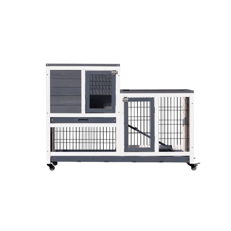Removable wooden outdoor rabbit hutch with Wheels, Ramp - Outdoor Safe - Grey
