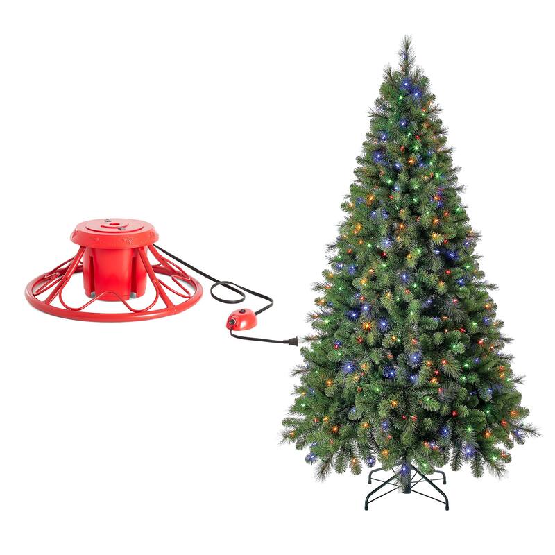 Home Heritage Rotating Tree Stand Base w/ Cascade 7 Ft Pre-Lit Holiday Tree - 27.3