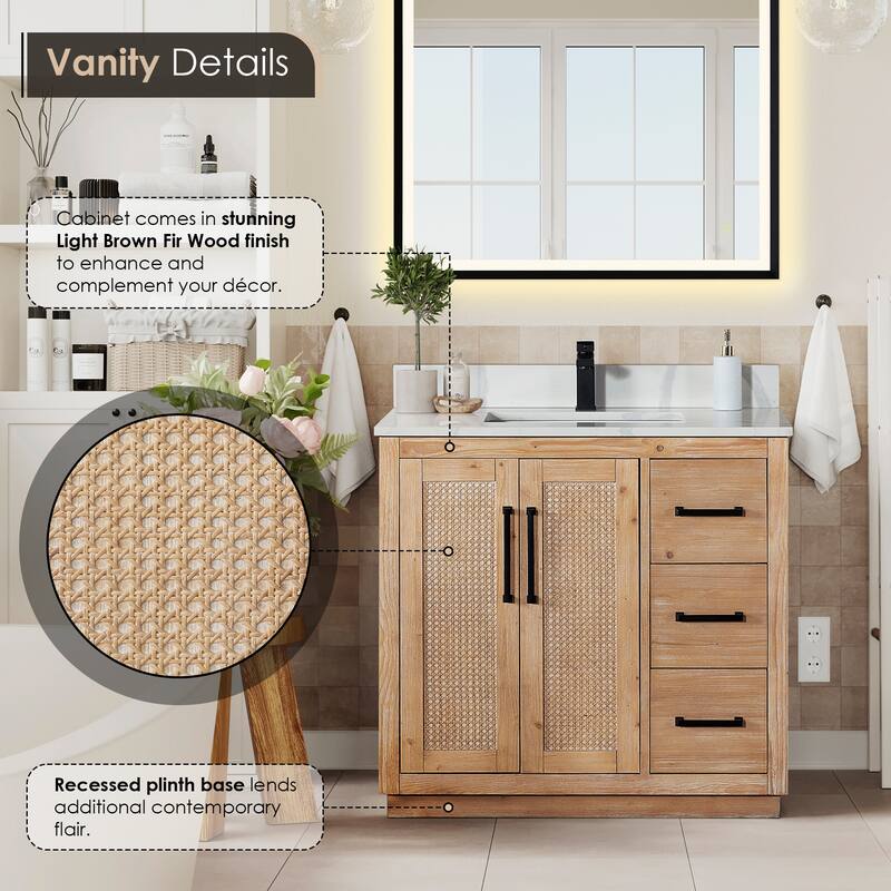 Floral Single Bathroom Vanity in Light Brown with Calacatta White Quartz Countertop without Mirror