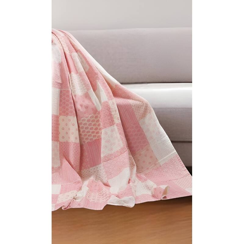 70" X 50" Pale Pink Kantha Cotton Patchwork Throw Blanket with Embroidery - Throw