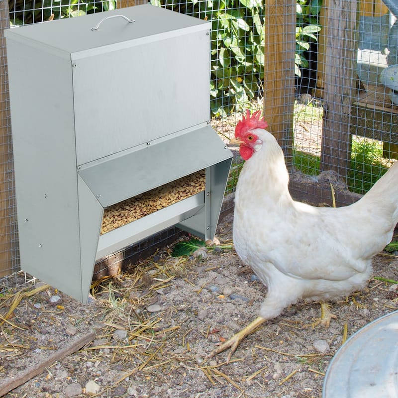 Gymax Galvanized Chicken Feeder w/ Lid Awning Waterproof Poultry Food