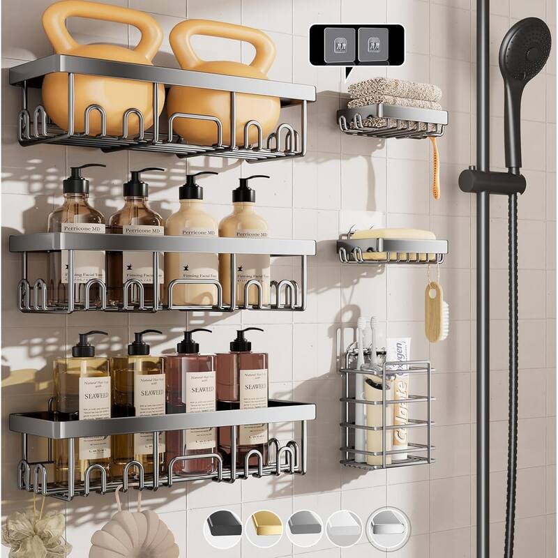 6-Pack Stainless Steel Shower Shelves, Large-Capacity Bathroom Organization and Storage. - Silver