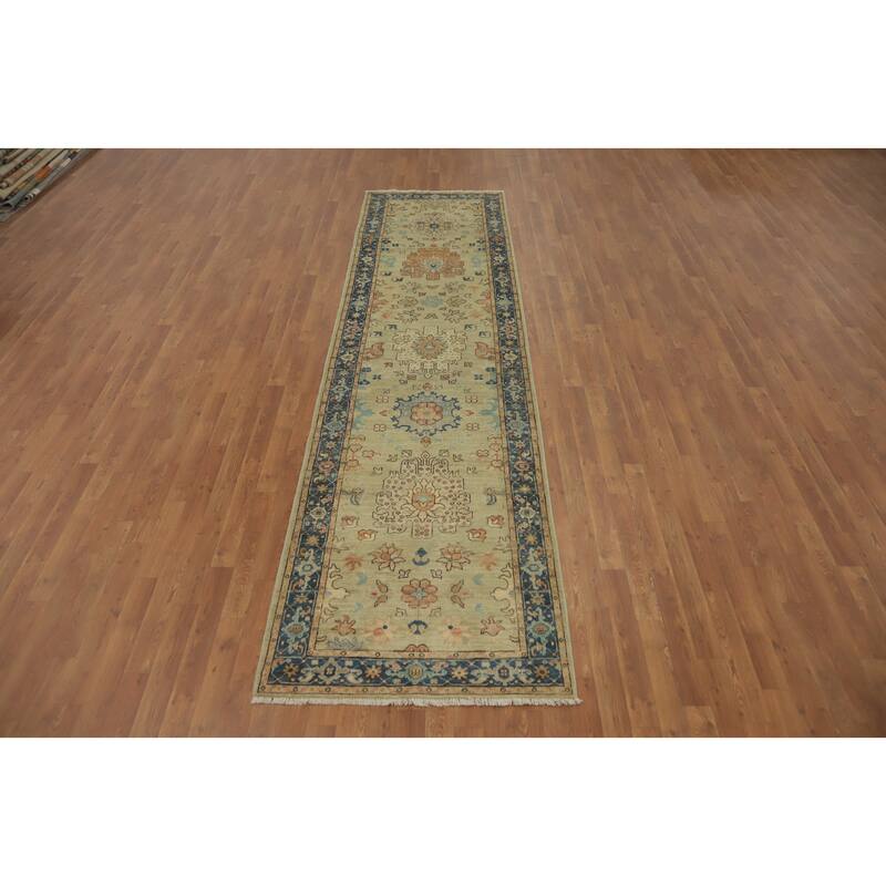 Hand Knotted Oriental 100% Wool Carpet Traditional All-Over Green Ziegler Runner Rug - 11' 10'' X 3' 1''