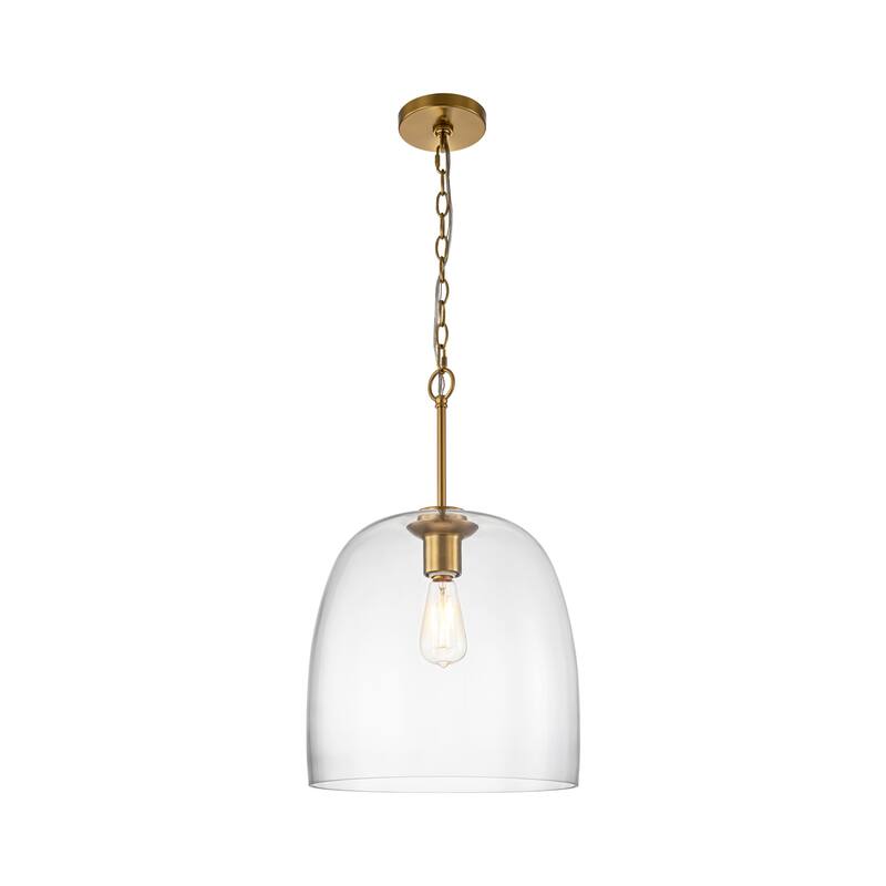 1-Light Golden Metal Curved Dome Bell-Shape Clear Glass Pendant Light - 14.5 in. W x 22.4 in. H