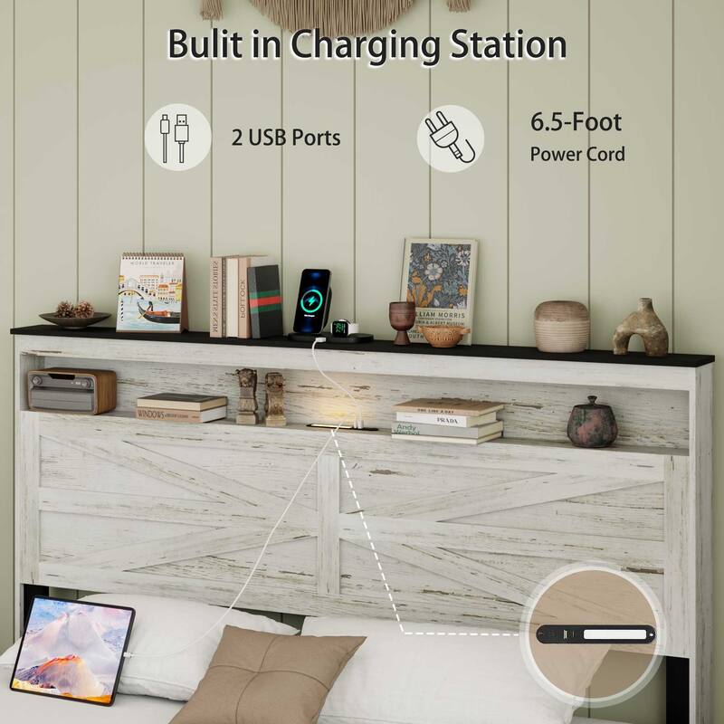 Roomfitters Floating Bed Frame with Illuminated Headboard, Charging Station, Hidden Storage, No Box Spring, White+Grey