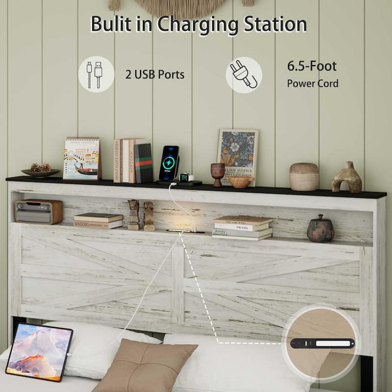 Wooden Low Profile Bed Frame with Metal Slats Support, Rural Platform Bed with Storage Headboard Bulit-in Charging Station