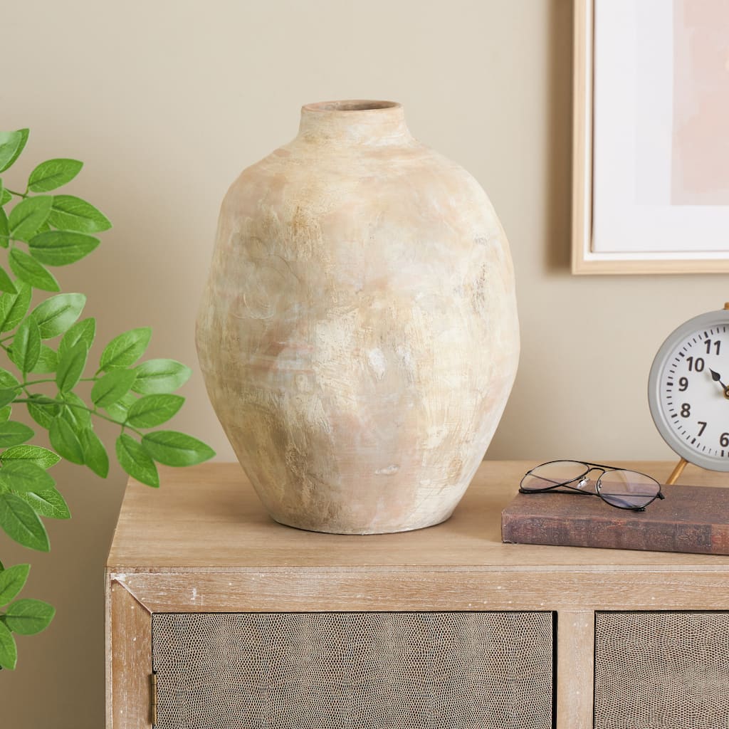 Beige Ceramic Antique Wide Decorative Vase with Shades of Pink