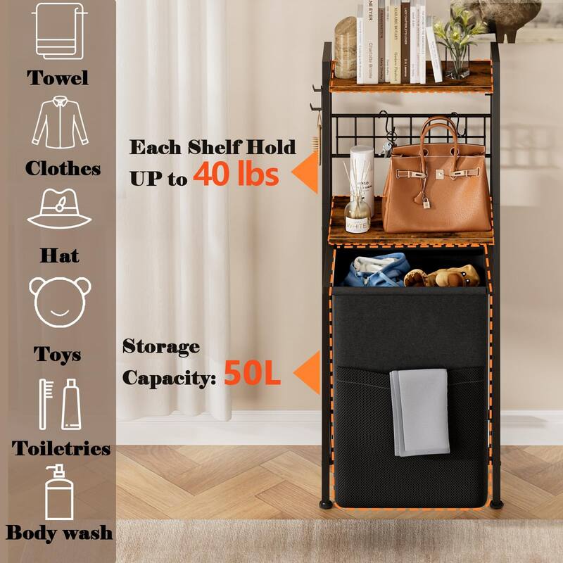 2 Tiers Laundry Hamper with Wooden Shelf and Hooks, ertical Laundry Basket with Pull-Out and Removable Bag