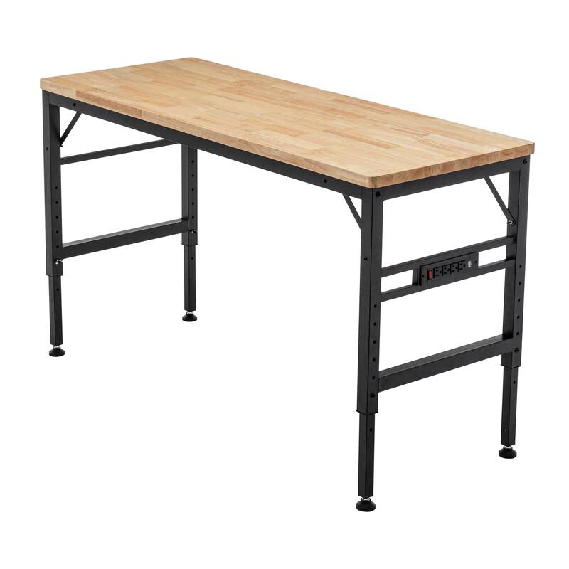 Adjustable Height Workbench, 60" Rubber Wood Top Heavy duty Workstation with Power Outlets
