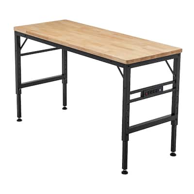 Adjustable Height Workbench, 60" Rubber Wood Top Heavy duty Workstation with Power Outlets