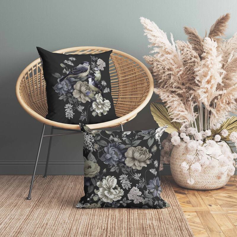 Petal Perched Birds Faux Suede Reversible Throw Pillow Black and Grey