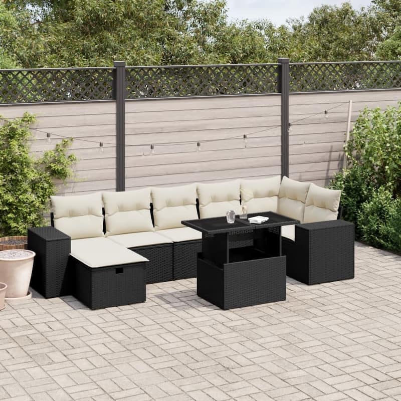 vidaXL Patio Sofa Set with Cushions Outdoor Furniture 8 Piece Poly Rattan - Black and cream without storage - 21.7 x 39.4 x 27.2 in