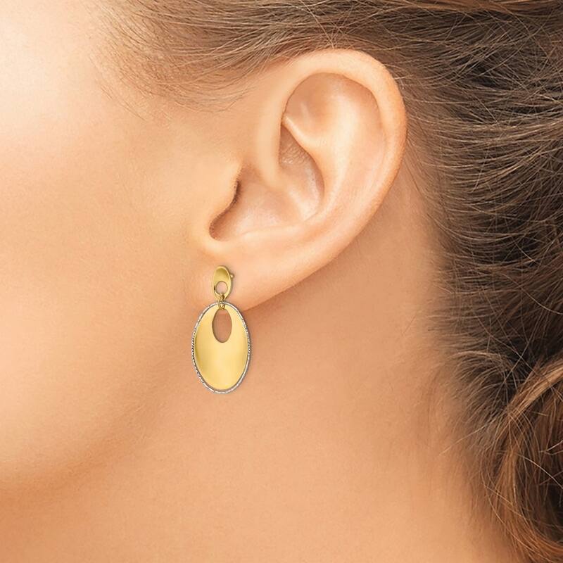 Curata 14k Two tone Gold Polished Textured Flat Oval Post Dangle Earrings 29mm
