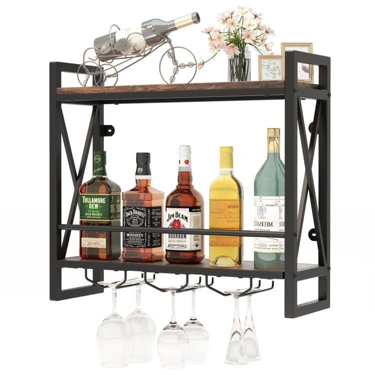 Rustic Brown Black Engineered Wood Metal 2-Tier Wall Wine Rack - 23.5" x 8" x 21.5" - Rustic Brown-Black