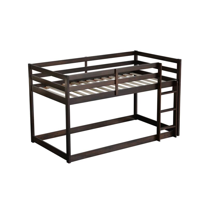 Solid Rubber Wood Twin over Twin Floor Bunk Bed with Ladder, Espresso Finish