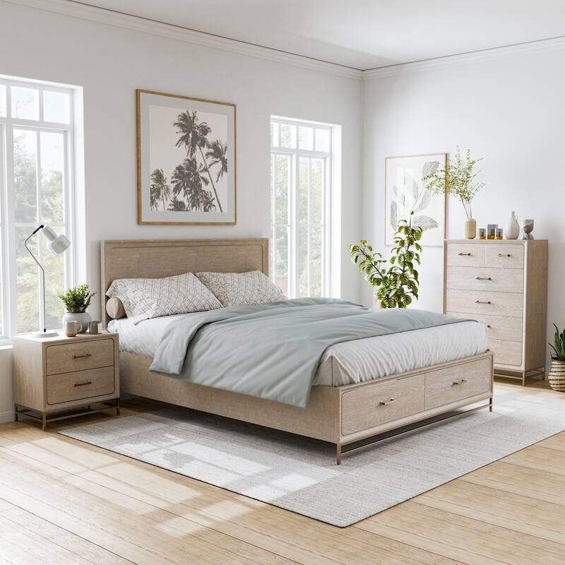 Furniture of America Drayden Transitional Oak Solid Wood 3-Piece Bed, Chest and Nightstand Bedroom Set - Queen