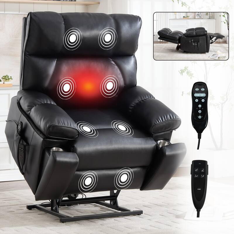 Leatheraire Heat Massage Dual Motor Infinite Position Up to 350 LBS Large Electric Power Lift Recliners with Hidden Cup Holders - Black