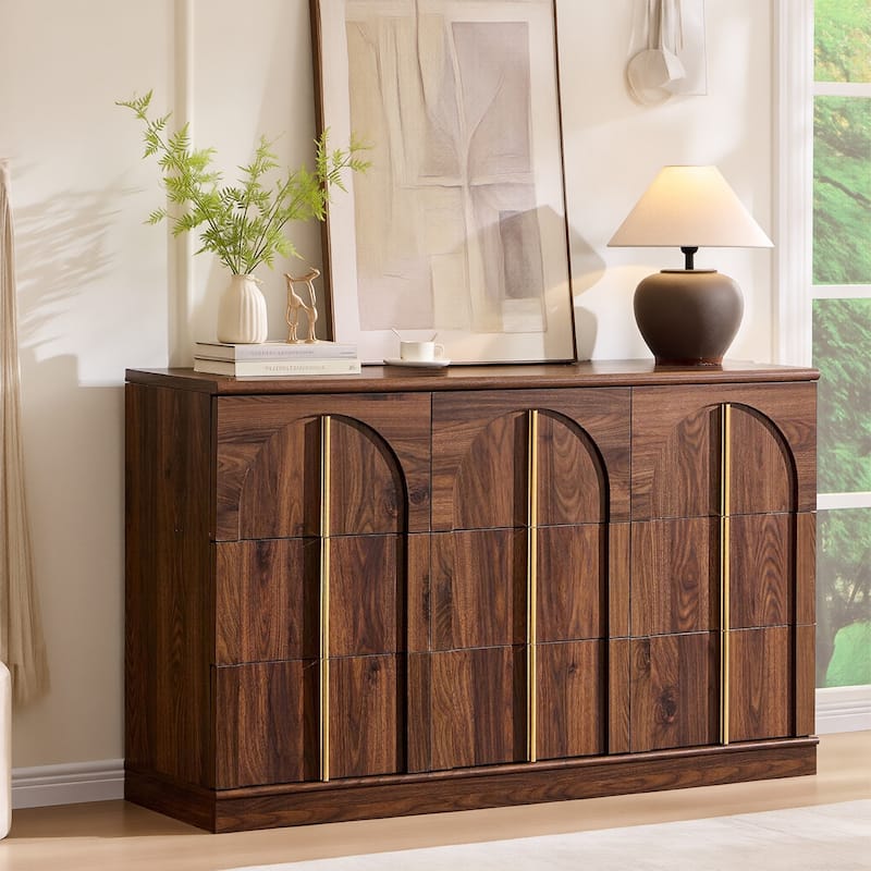 Modern Arched 9 Drawers Dresser, Wood Chest of Drawers for Living Room - Brown