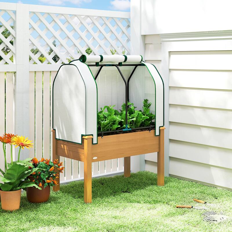 Outsunny Raised Garden Bed with PE Greenhouse Cover Outdoor Elevated Wood Planter Box , 35 x 22 x 47 inch - Yellow