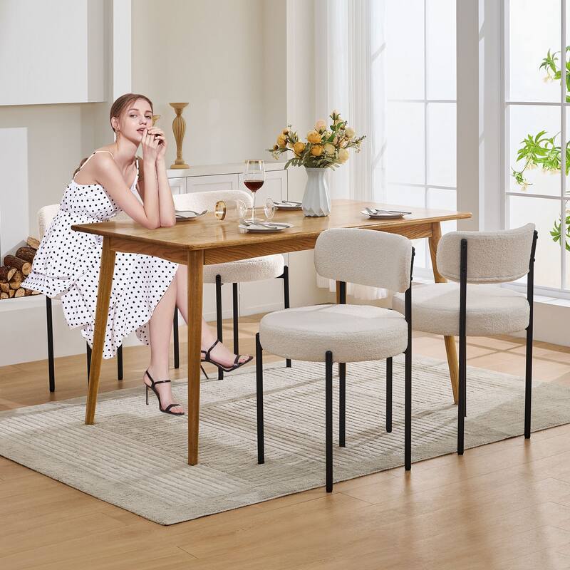 Set of 2 Modern Dining Chairs, Boucle Upholstery with Curved Backrest & Metal Legs, Kitchen & Living Room Seating