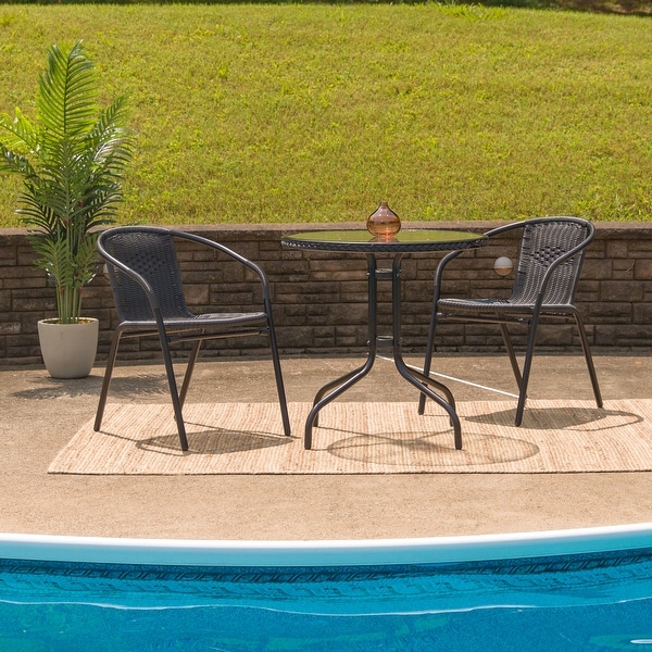 28'' Round Glass Metal Table with Rattan Edging and 2 Rattan Stack Chairs - 28.75"W x 28.75"D x 28"H. Opens flyout.