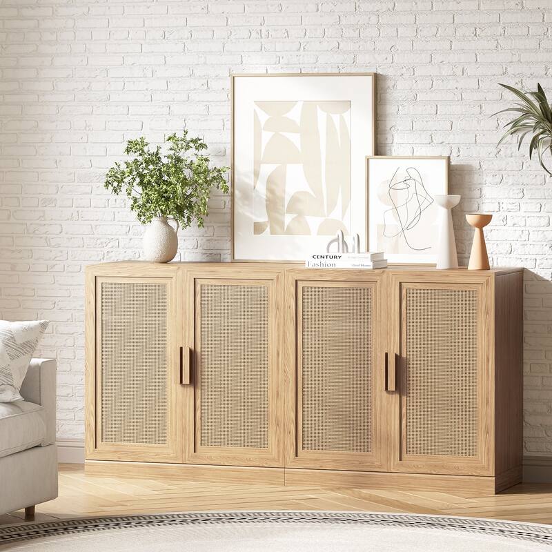 62"LX31"H Solid Wood Kitchen Pantry Sideboard Buffet Cabinet Storage with Rattan Doors