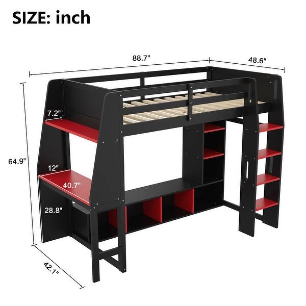 dimension image slide 3 of 4, Wood Gaming Loft Bed with Desk, Bookcase, LED and Hanging Clothes Rack