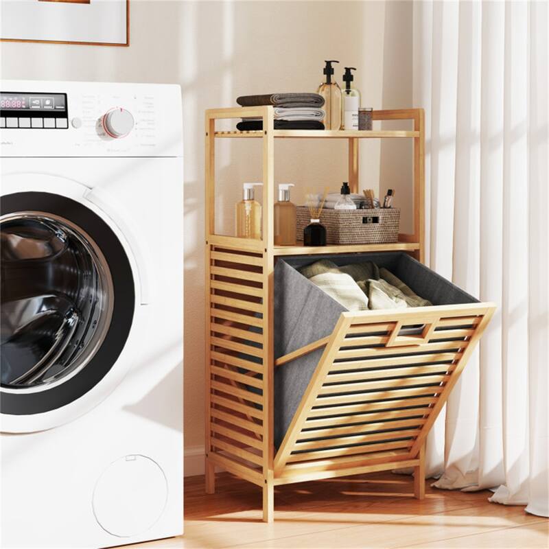 Wicker Tilt-Out Laundry Hamper with Shelves Removable Basket & Storage Natural and Gray - 18" × 13" × 38"