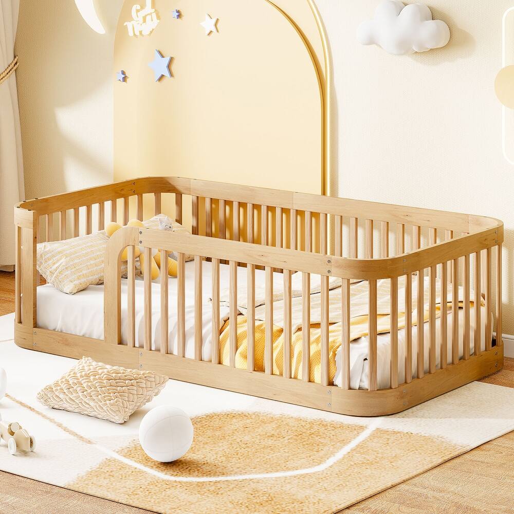 Floor Bed Frame with Fence, Montessori Toddler Bed, No Slats, No Doors, Rounded Corners Wooden Bed
