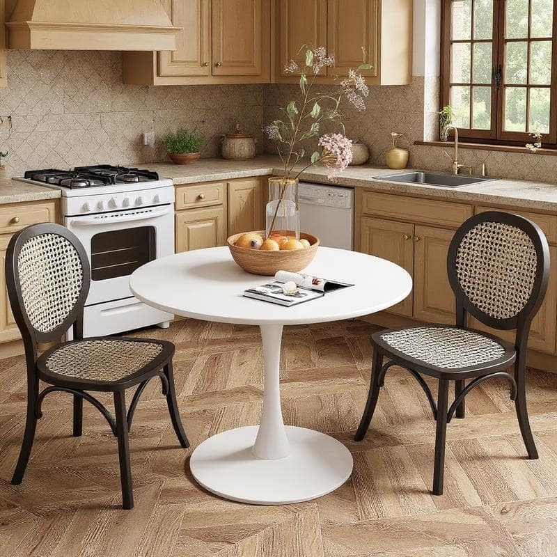 Grondin Mid-Century Modern Round Kitchen or Dining Table with Premium MDF Top and Steel Pedestal Base for Dining Room