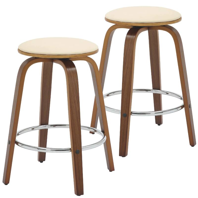 Pelya Leather Swivel Round Counter Stool with Wood Legs and Chrome Footrest for Kitchen Island or Dining Area Set of 2 - Walnut/Cream