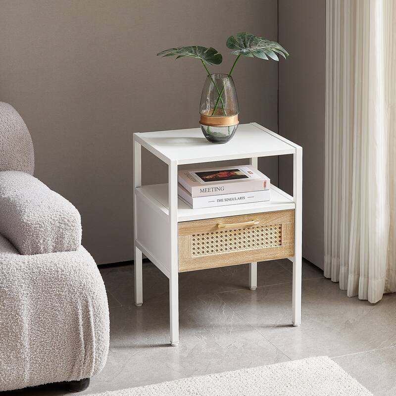 Modern Rattan End Table with Drawer, Metal Legs, White
