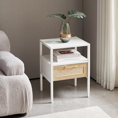 Natural Rattan 1-Drawer White/Brown Nightstand Bedroom Sofa Side Table Bedside Furniture