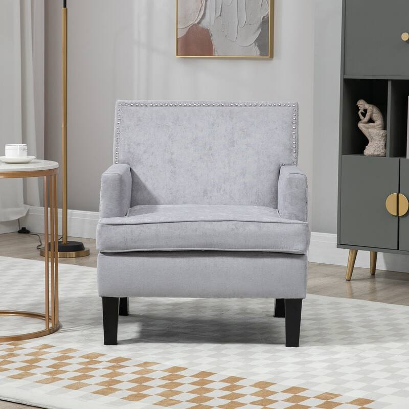 HOMCOM Modern Accent Chair, Upholstered Living Room Chair with Solid Wood Legs and Nailhead Trim, Dark Gray
