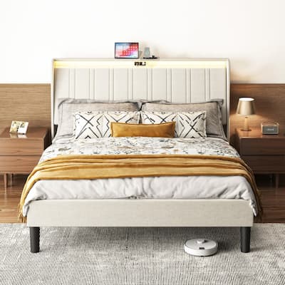Modern Platform Bed Frame with Fabric Upholstered Headboard and Wooden Slats Support