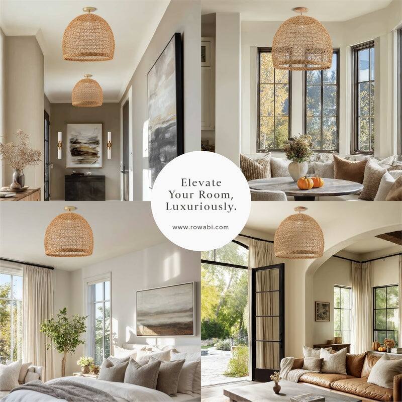 Lumiere Rattan Flush Mount - Rattan Natural Handwoven Ceiling Light for Hallway or Bedroom in Modern, Farmhouse, Boho Style