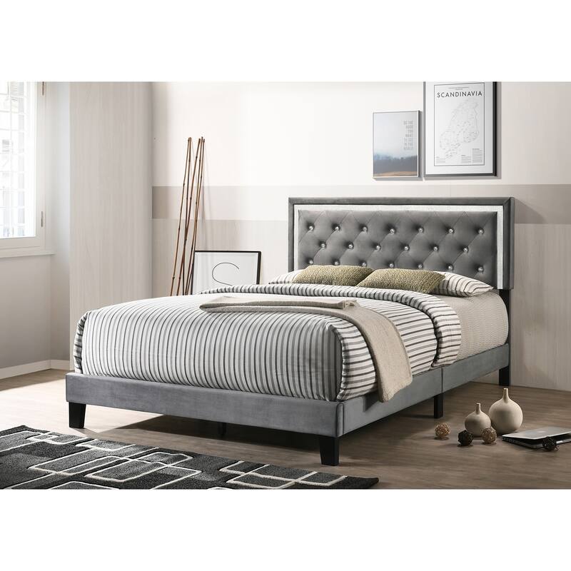Best Quality Furniture Velvet Faux Crystal Tufted Beds with Faux Crystal Studded Border - Dark Grey - Full