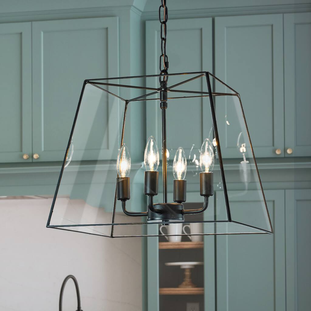 16" Minimalist Angled Ceiling Lantern Black Chandelier 4-Light Rustic Modern Pendant Light With Clear Glass Shade - W16''