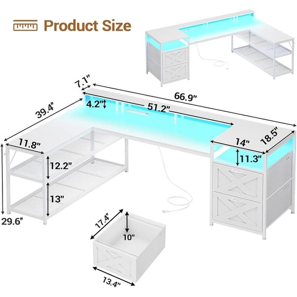 dimension image slide 2 of 4, 67" L Gaming Shaped Desk Storage Shelves Power Outlet 2 Drawers