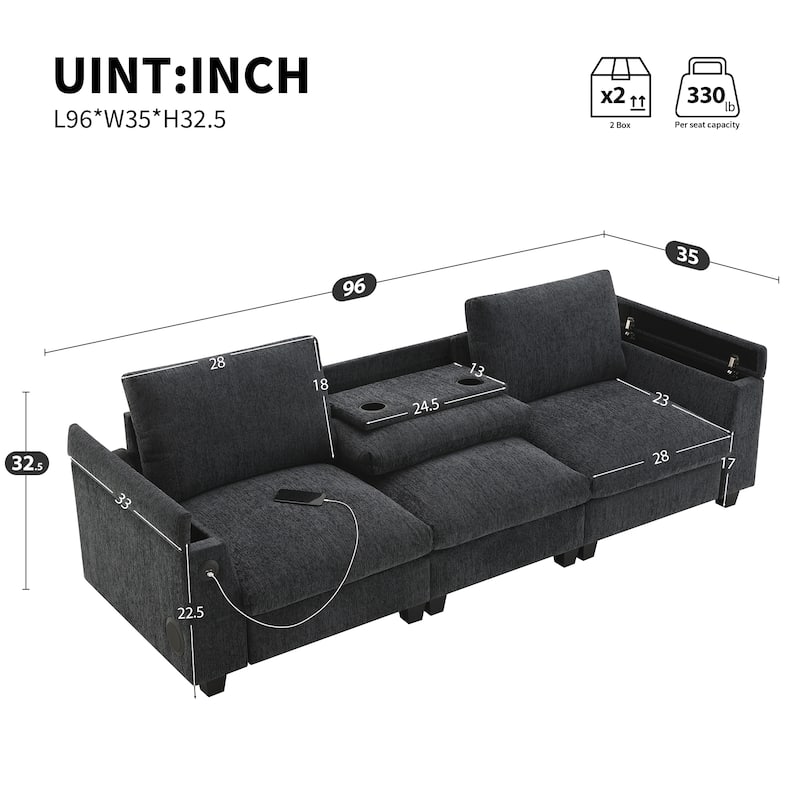 Wide Seat Loveseat Sectional Sofa w/ Drop Down Table, Storage Armrest