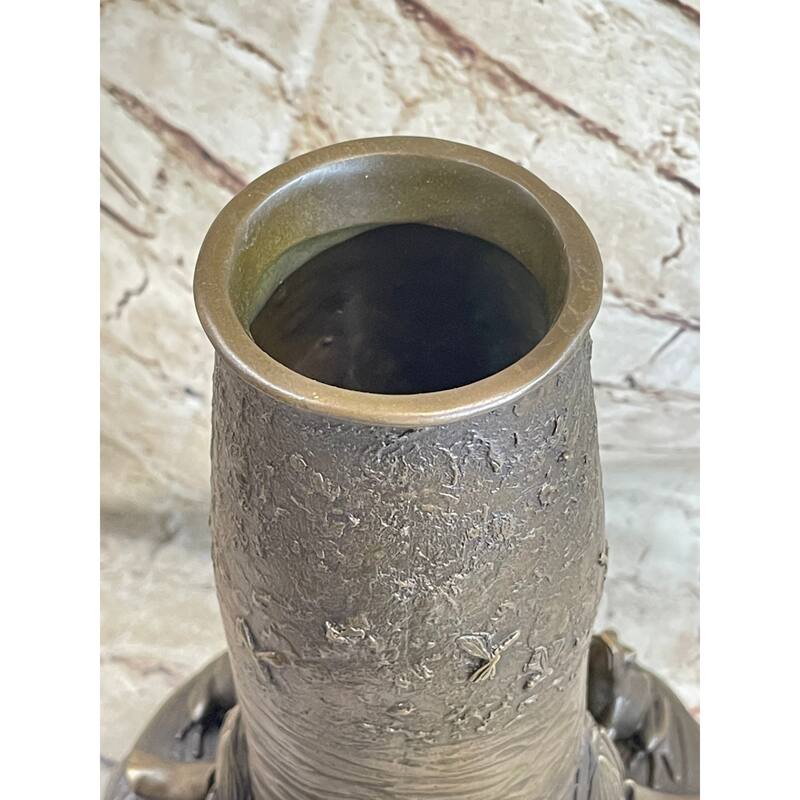 Bronze Metal Vase W/ Frogs On Lilly Pads Handmade Sculpture Signed Jean Bunand