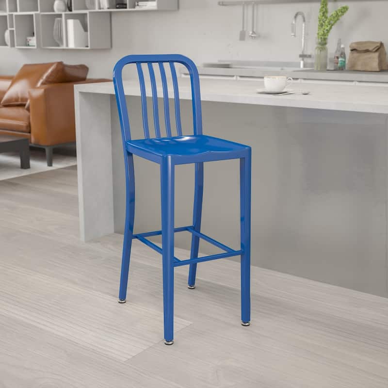 30'' High Metal Indoor-Outdoor Barstool with Vertical Slat Back - Blue